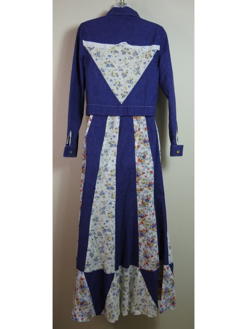 Vintage Women's ArtBro Size 9 Patchwork Dress Skirt Set Floral Denim 70s LS - Picture 5 of 16
